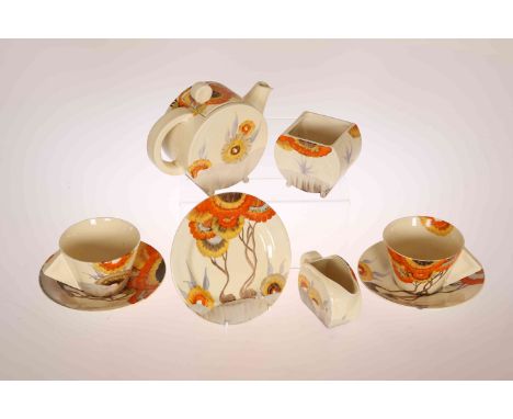 "RHODANTHE", A CLARICE CLIFF BON JOUR EARLY MORNING SET, c. 1934, comprising teapot, cream jug and sugar bowl, two cups and s