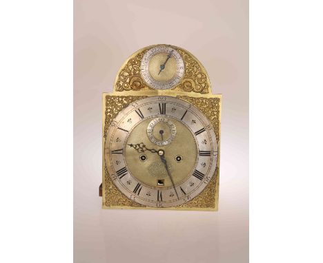 A FINE AND COMPLEX FIVE PILLAR LONGCASE CLOCK MOVEMENT, signed Jos Williamson/ London, 12" break arch brass dial with silvere