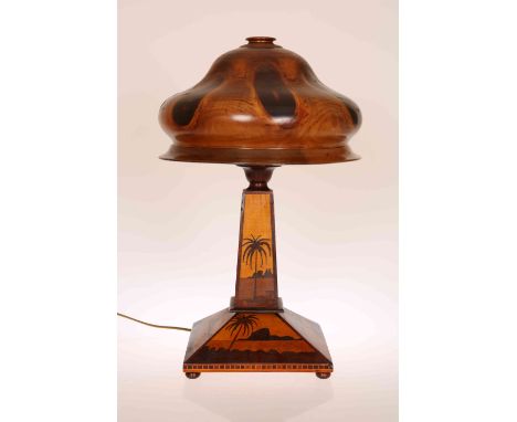 AN ART DECO MARQUETRY TABLE LAMP, the one-piece mushroom shade with oyster pattern, over a tapering square section stem issui