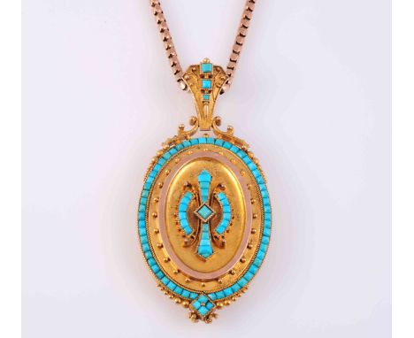 A TURQUOISE SET LOCKET PENDANT, CIRCA 1870, the oval shaped mount set to the centre with a symmetrical scroll detail mount se