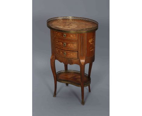 A CONTINENTAL FLORAL MARQUETRY OCCASIONAL TABLE, the galleried oval top inlaid with chinoiserie, fitted with three drawers an