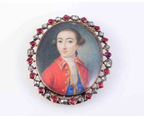 A PORTRAIT MINIATURE, CIRCA 1780-1800, the oval portrait miniature of a uniformed Gentleman beneath domed glass, set within a