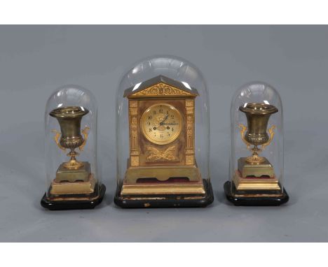 A 19TH CENTURY GILT METAL CLOCK GARNITURE, the clock with architectural case and eight day movement striking the hours and ha
