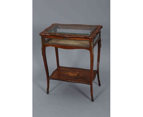 A LOUIS XV STYLE FLORAL MARQUETRY BIJOUTERIE TABLE, 19TH CENTURY, the hinged rectangular top of serpentine outline with a bro