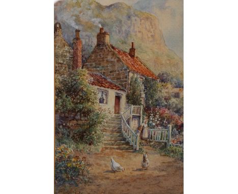 FRED W. GRAHAM, FIGURE AND CHICKENS IN A COTTAGE GARDEN, RUNSWICK BAY,  signed, watercolour, framed and glazed. 25cm by 18cm 