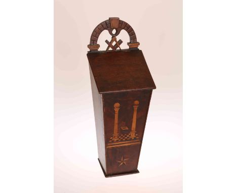 MASONIC INTEREST: AN EARLY 19TH CENTURY INLAID MAHOGANY CANDLE BOX, of characteristic tapering form, inlaid to the front with