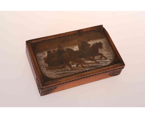 A RUSSIAN WOODEN SNUFF BOX, 19th Century, the hinged lid engraved, carved and painted with a troika, carved to three sides wi
