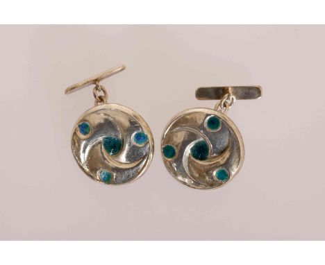 ARCHIBALD KNOX FOR LIBERTY & CO, A PAIR OF CYMRIC SILVER AND ENAMEL CUFFLINKS, Birmingham 1902, circular, each with four enam