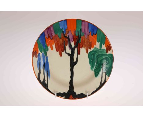 "LATONA TREE", A CLARICE CLIFF PLATE, c. 1929, circular, painted with a tree with black trunk and dense pendulous foliage on 
