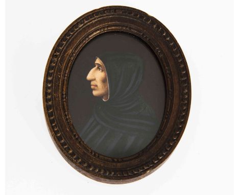 A PORTRAIT MINIATURE OF FRIAR SAVONAROLA, oval, framed. 75mm by 54mm