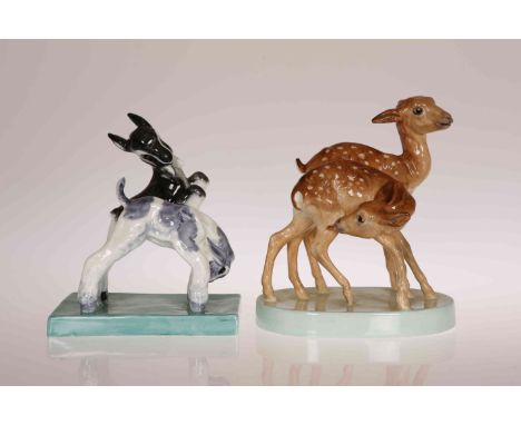 "YOUNG SPOTTED DEER", A ROYAL WORCESTER GROUP BY DORIS LINDNER, c. 1956, modelled as two deer, on a pale green shaded base, n