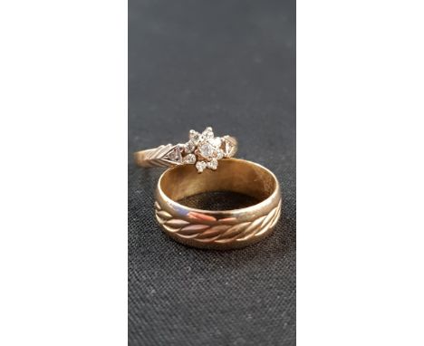 GOLD WEDDING BAND AND GOLD AND DIAMOND RING