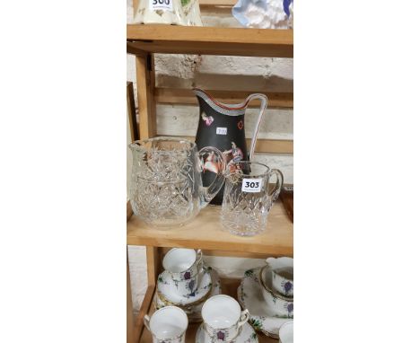 2 CUT GLASS JUGS AND CERAMIC JUG 
