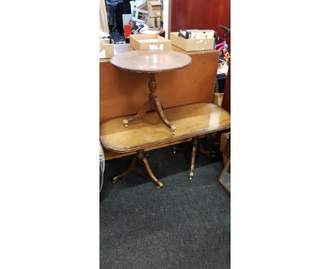 MAHOGANY COFFEE TABLE AND LAMP TABLE ALL ON BRASS CASTORS