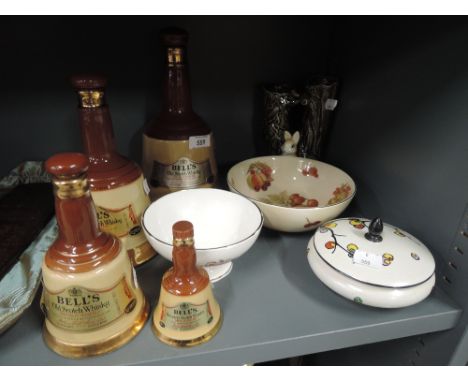A selection of Bells whisky flasks, Royal Worcester bowl, Shelley dish etc
