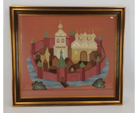 JANSE, HERMANN (20. Jh.), Stickbild: "Klosteranlage / befestigte Stadt mit orthodoxer Kirche", Wolle und goldfarbene Fäden au