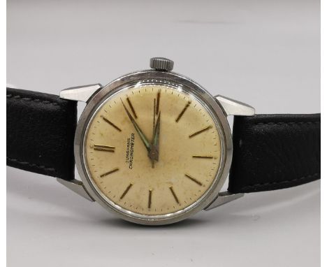 JUNGHANS CHRONOMETER - ARMBANDUHR, mechanisches Werk, Gehäusenummer 060778. Rundes Edelstahlgehäuse an schwarzem Lederarmband