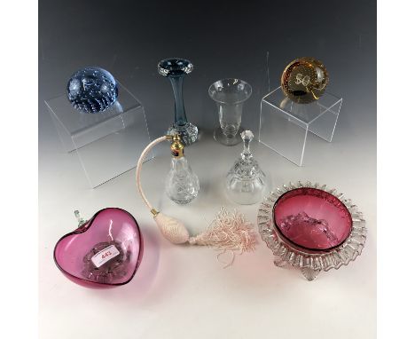 Victorian through to contemporary glass, including a cranberry dish, Caithness paperweight and Stuart perfume atomizer etc