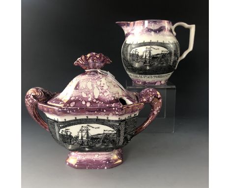A Grays Art Pottery pink resist / splash lustre sucrier depicting Sunderland Bridge, together with a similar jug, second quar