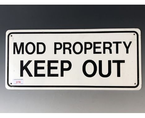 A Ministry of Defence enamel "MOD PROPERTY, KEEP OUT" sign, 20 cm x 45 cm