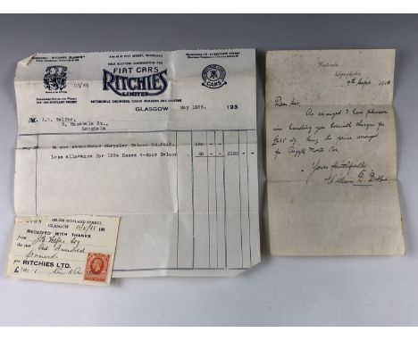 Automotive ephemera comprising a 1930s Ritchies Fiat Cars Ltd of Glasgow invoice, and a 1918 manuscript receipt for the sale 