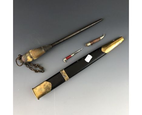 A mid 20th Century miniature Scandinavian hunting knife, together with a dirk or dagger scabbard and a Victorian horn-handled