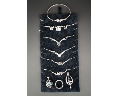 Contemporary white metal (tested as silver) jewellery influenced by the designs of Charles Rennie Mackintosh, including penda