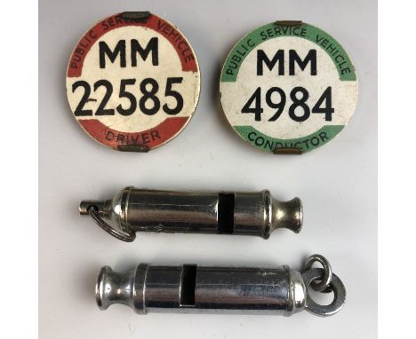 A vintage Public Service Vehicle / bus driver's and bus conductor's lapel badge, one stamped "Metrovick Traffolyte", an Acme 