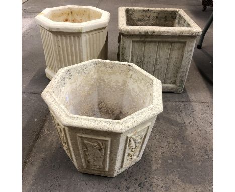 A Willowstone garden planter, of octagonal section with raised decoration to each face depicting animals and foliage, togethe