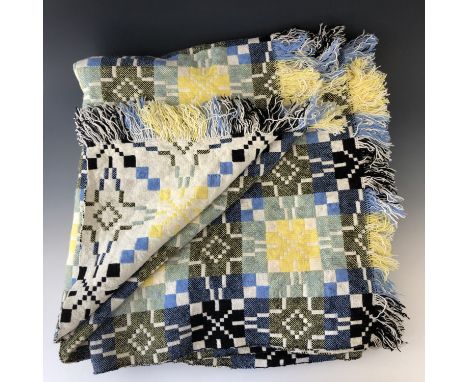 A vintage and traditional Welsh wool "tapestry" blanket, woven in tones of lemon yellow and blue, c. 1960, 230 x 195 cm