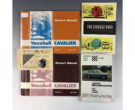 Two Vauxhall 'Cavalier' car owners' manuals, August 1981 and April 1983, and a motor fuel ration book etc