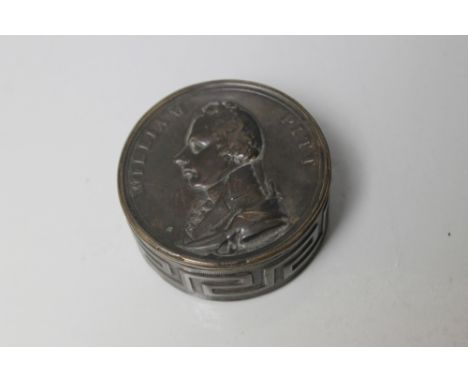 A WILLIAM PITT EMBOSSED CIRCULAR SNUFF BOX, engraved to the base 'Edgerton 1856', Dia 5.25 cm