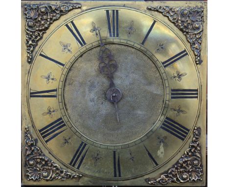 JAMES BREWER - SHIFNAL - A BRASS FACED SINGLE FINGER 30 HOUR LONGCASE CLOCK, the 10" dial with Roman numerals, and foliate sp