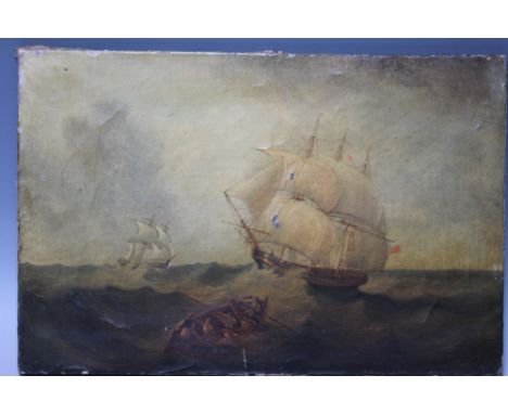 ENGLISH SCHOOL (XIX).  Stormy seascape, oil on canvas, unsigned, unframed, 30.5 cm x 45.5 cm, S/DCondition Report:With crazin