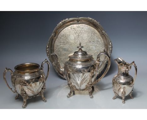 A GOOD QUALITY THREE PIECE SILVER PLATED TEA SERVICE BY SHAW AND FISHER OF SHEFFIELD,  together with silver plated salver, ta