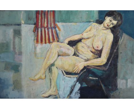 FREDERICK J. ENGLAND (1939). Nude portrait of a lady, signed verso, oil on board, unframed, 61 x 92 cm