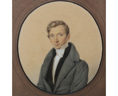 A NINETEENTH CENTURY OVAL PORTRAIT STUDY OF A YOUNG GEORGIAN GENTLEMAN, unsigned, watercolour and chalks, framed and glazed, 