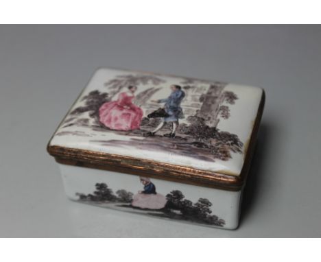 A GEORGE III STAFFORDSHIRE ENAMEL TABLE SNUFF BOX, decorated with various scenes on the exterior and having a female portrait