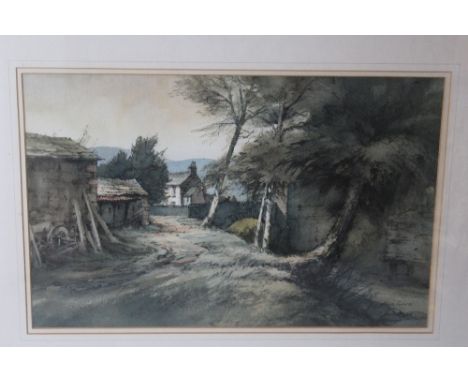 GEORGE BUSBY.  Village scene at Lower Lorton, Cumbria, see verso, signed lower right, dated 1986, watercolour, framed and gla