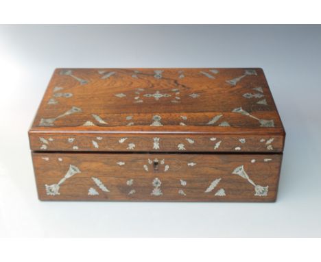 A 19TH CENTURY ROSEWOOD AND MOTHER OF PEARL INLAID WRITING SLOPE, with velvet lined writing surface, W 40.5 cm, A/FCondition 