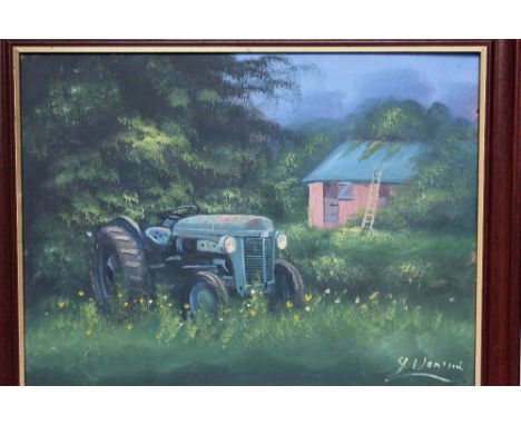 J.DOWNIE,  Farmstead scene with tractor & stables, signed lower right, signed verso and dated 2005, oil on board, framed, 29 