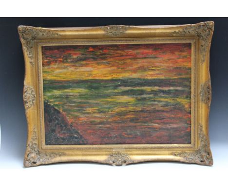 ABSTRACT SCHOOL (XIX-XX). Sunrise seascape, signed lower right but indistinct, oil on canvas, gilt framed, 44 x 63 cm 