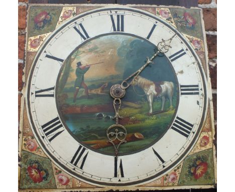 A 19TH CENTURY OAK AND MAHOGANY LONGCASE CLOCK WITH 30 HOUR MOVEMENT, the painted dial decorated with a country shooting scen