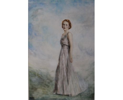 JANET JEAVONS (c.1920).  A full length portrait of a lady in period clothing, signed lower right, watercolour, 28 x 38 cm