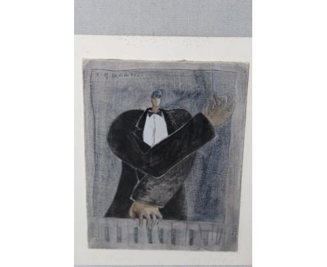 BRUCHETTI.  Twentieth century modernist study of a man playing a piano, signed top left, signed in pencil lower margin, dated