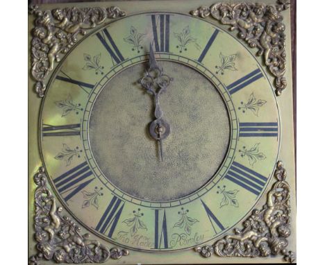 THOMAS HADEN - ROWLEY - A BRASS FACED OAK 30 HOUR LONGCASE CLOCK, the 10" dial with single finger, Roman numerals with cherub