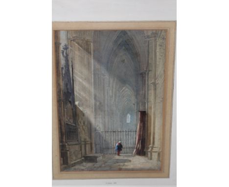 R. PEARCE.  Church interior with figure, signed lower right and dated 1882, watercolour, framed and glazed, 36 x 25 cm