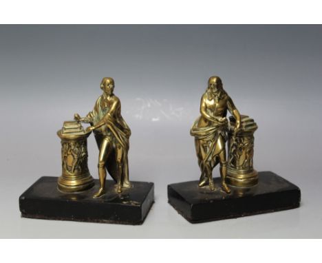A BRASS MODEL OF WILLIAM SHAKESPEARE, together with a similar model, both on marble bases, W 13.5 cm