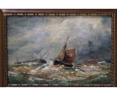 ENGLISH SCHOOL (XIX - XX ).  Stormy seascape, oil on canvas, gilt framed, 20 x 30 cm