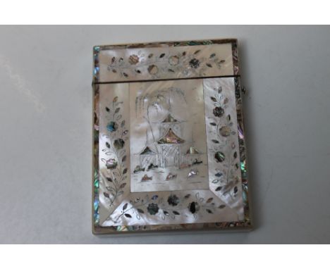 A MOTHER OF PEARL AND TORTOISESHELL CARD CASE, having intricate floral borders and Oriental pagoda style central panels, push